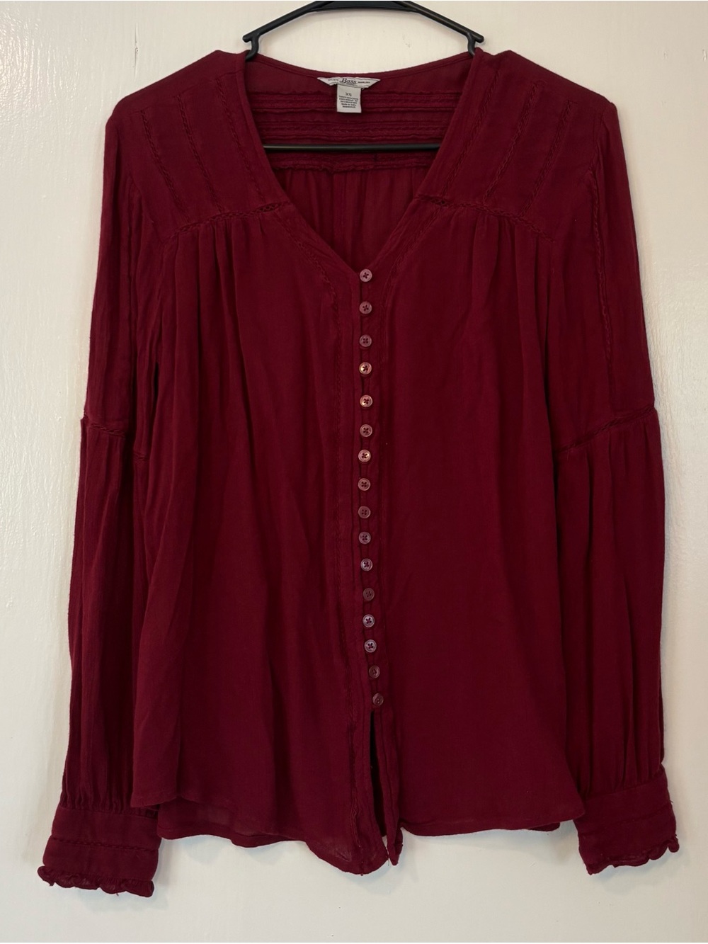 g.h. bass & co. long-sleeve peasant bohemian-inspired blouse with front buttons